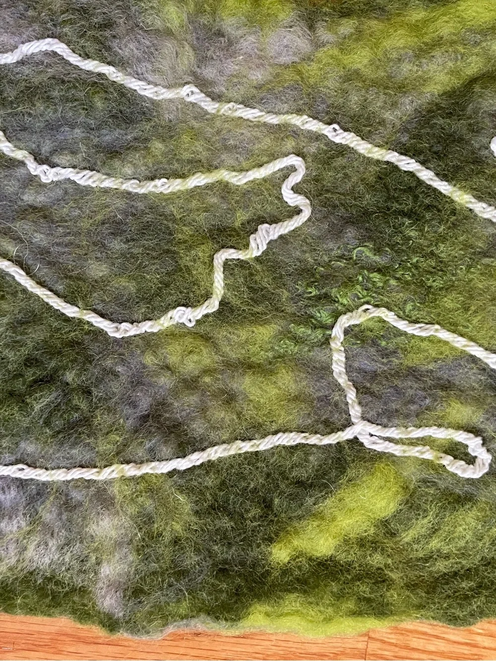 Olive Green and Gray Felted Merino Wool Scarf with White Embellished Yarns